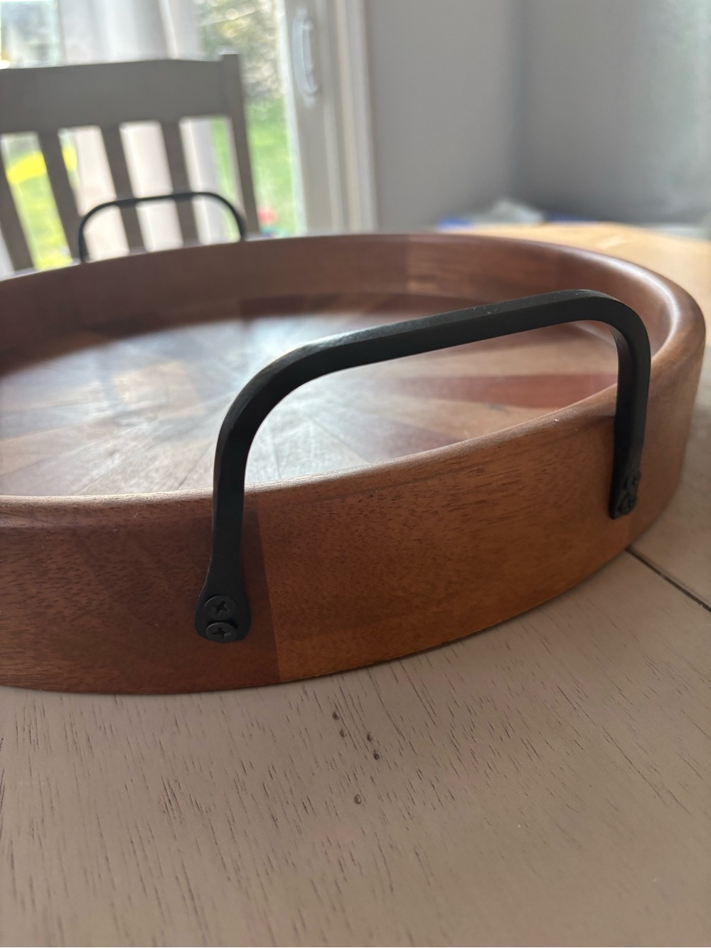 Round Wooden Serving Tray with Sunburst Inlay and Metal Handles - Picture 4 of 4